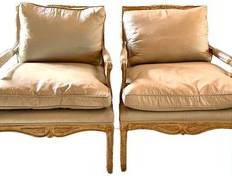 Pair of Minton-Spidell Cressant Lounge Chairs in Aged Gold Gilt with Original Silk Upholstery