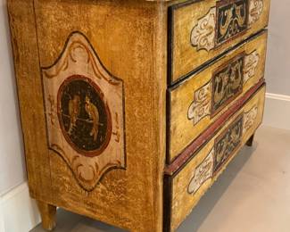 Antique 19th Century Continental Original Painted Three-Drawer Commode / Dresser Beautiful antique 19th-century Continental three-drawer commode showcasing its original hand-painted decoration in rich ochre, cream, black, and deep red tones. Intricately painted scrolling motifs adorn each drawer front, while charming bird panels decorate the top and sides, giving the piece exceptional visual interest from every angle.