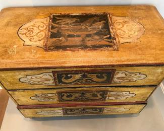 Antique 19th Century Continental Original Painted Three-Drawer Commode / Dresser Beautiful antique 19th-century Continental three-drawer commode showcasing its original hand-painted decoration in rich ochre, cream, black, and deep red tones. Intricately painted scrolling motifs adorn each drawer front, while charming bird panels decorate the top and sides, giving the piece exceptional visual interest from every angle.