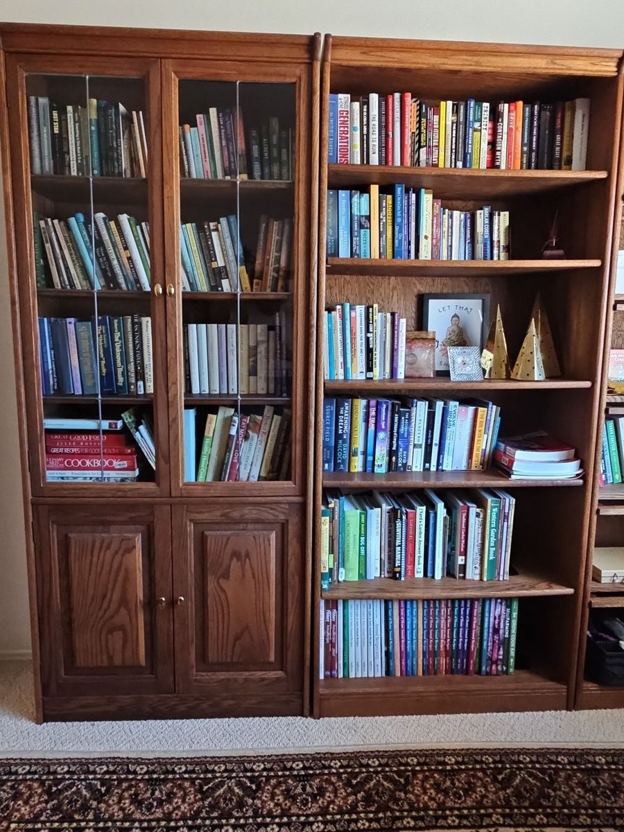 Vintage Oak Bookcase with Leaded Glass Doors and Lower Cabinet