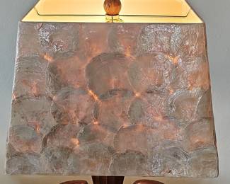 Vintage Capiz Shell Table Lamp with Fluted Wood Base and Marble Pedestal