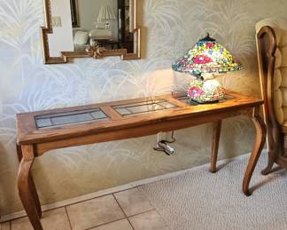 Vintage Drexel Heritage Oak Console Table with Stained Glass Inserts