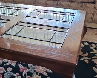 Vintage Oak Coffee Table with Leaded Beveled Glass Top