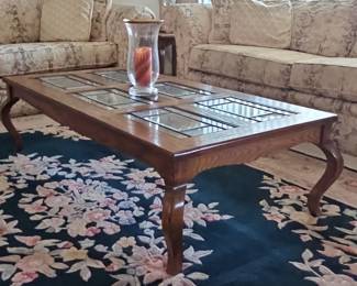 Vintage Oak Coffee Table with Leaded Beveled Glass Top