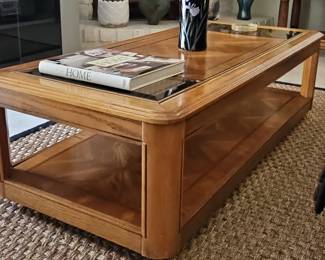 Mid-Century Modern Oak Coffee Table with Starburst Veneer and Glass Inserts