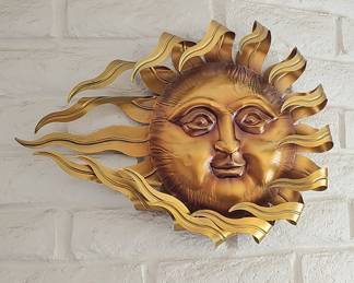 Vintage Metal Sun Face Wall Sculpture with Wavy Rays