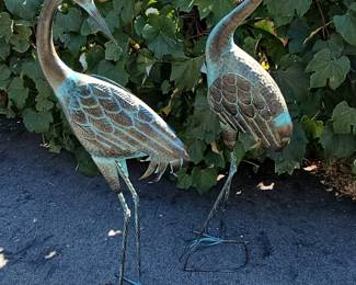 Set of 2 Metal Crane Garden Sculptures with Verdigris Patina
