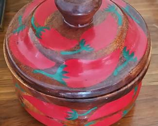 Vintage Hand-Painted Wooden Chili Pepper Tortillero Bowl