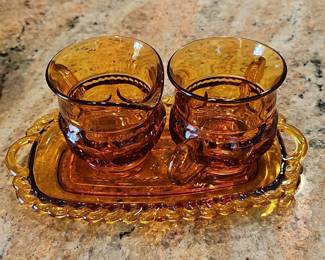 Vintage Indiana Glass Amber King's Crown Thumbprint Creamer, Sugar, and Tray Set