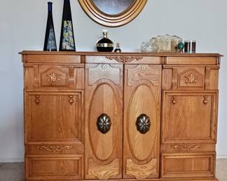 Vintage Oak Liquor Cabinet with Oval Panel Doors