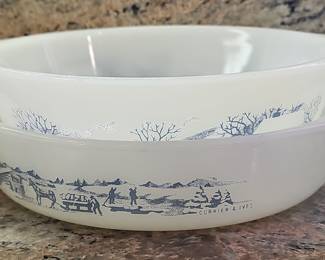 Glasbake Currier & Ives Milk Glass Mixing Bowl