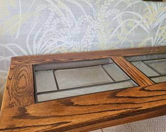Vintage Drexel Heritage Oak Console Table with Stained Glass Inserts