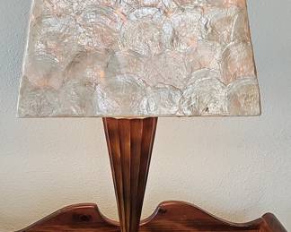 Vintage Capiz Shell Table Lamp with Fluted Wood Base and Marble Pedestal