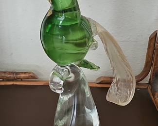 Murano Glass Green Bird Figurine with Blue Beak
