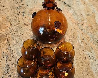 Vintage Italian Amber Glass Decanter and Cordial Set with Applied Prunts
