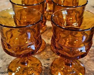 Vintage Amber Indiana Glass King's Crown Thumbprint Cordial Goblets