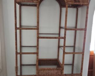 Vintage Arched Rattan Etagere with Glass Shelves