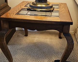 Vintage Oak Side Table with Leaded Glass Insert