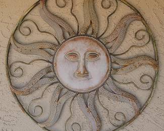 Large Metal Sun Face Wall Art with Scrollwork and Distressed Patina