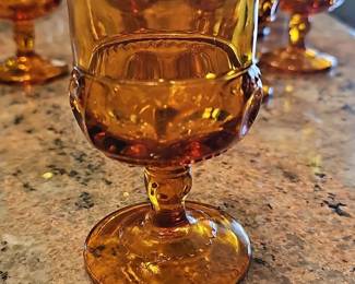 Vintage Indiana Glass Kings Crown Thumbprint Amber Goblets