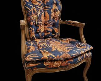 Vintage French Provincial Louis XV Style Armchair with Botanical Bird Upholstery