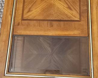 Mid-Century Modern Oak Coffee Table with Starburst Veneer and Glass Inserts