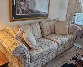 Traditional Damask Upholstered Rolled-Arm Sofa