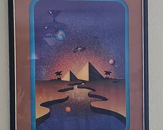 Vintage 1980s Sci-Fi Pyramid and UFO Airbrush Art Print