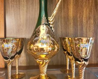 Mid-Century Bohemian Emerald Green Glass Decanter Set with 22k Gold Gilt and Hand-Painted Enamel