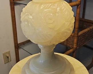 Vintage Italian Carved Alabaster Floral Table Lamp with Pleated Shade