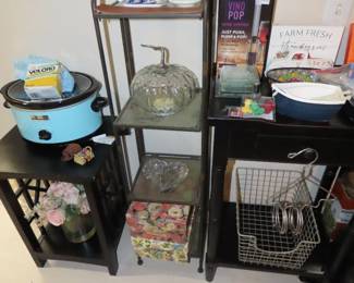 Slow cooker, plant stand and end tables.