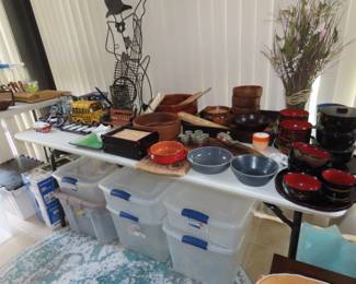 Asian tablewares, plastic storage totes, knick knacks.