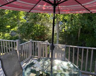 Patio Glass table top 4 chairs umbrella