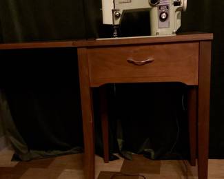 White sewing machine with wood case/furniture