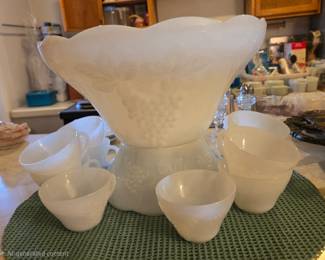 Vintage Milk Glass Harvest Grape Punch Bowl Set 