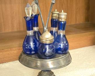 Vintage Colbalt Cut to Clear Cruet Set