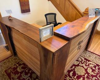 Solid Hardwood Reception or Bar, custom made from Hardwood sourced from the Willamette Valley. Paid $2500, selling for $1250, fits an electric standing desk, will sell as bundle.