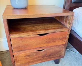 Beautifully crafted solid hardwood nightstand with an open top cubby and two deep drawers that glide open with satisfying, well-engineered action. Purchased new for $800 each — selling for $400 each.