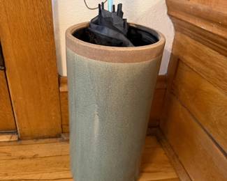 Sage-green crackle-glaze umbrella stand with a banded stoneware rim - $30
