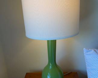 Vintage green ceramic mid-century modern lamps with brass base and cream shades. $60 each or $100 for pair.