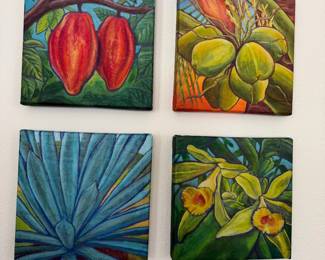 set of four original small square canvases on a botanical theme: red cacao pods, a cluster of green coconuts, a blue-green agave, and yellow orchids. $60 set.