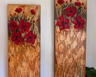 Red blossoms- Thick Paint on canvas. $40 for pair.