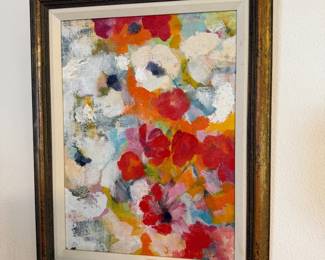 vivid abstract bouquet in reds, corals, and cream, signed by the artist (Joan Mathews), in a warm gilt frame. $50