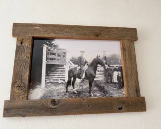 Sepia photograph of the old W.V. & C.M. Wagon Road toll station on the way to the Deschutes River — a piece of Oregon frontier history, in a reclaimed-barnwood frame. $25