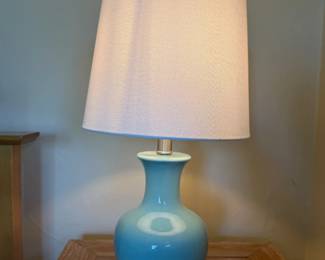 Pair of aqua-teal ceramic lamps with brushed nickel base and cream linen shade. Set of 2 for $75