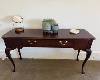 Dark mahogany wood side table, great for behind a couch w/ brass hardware. $50