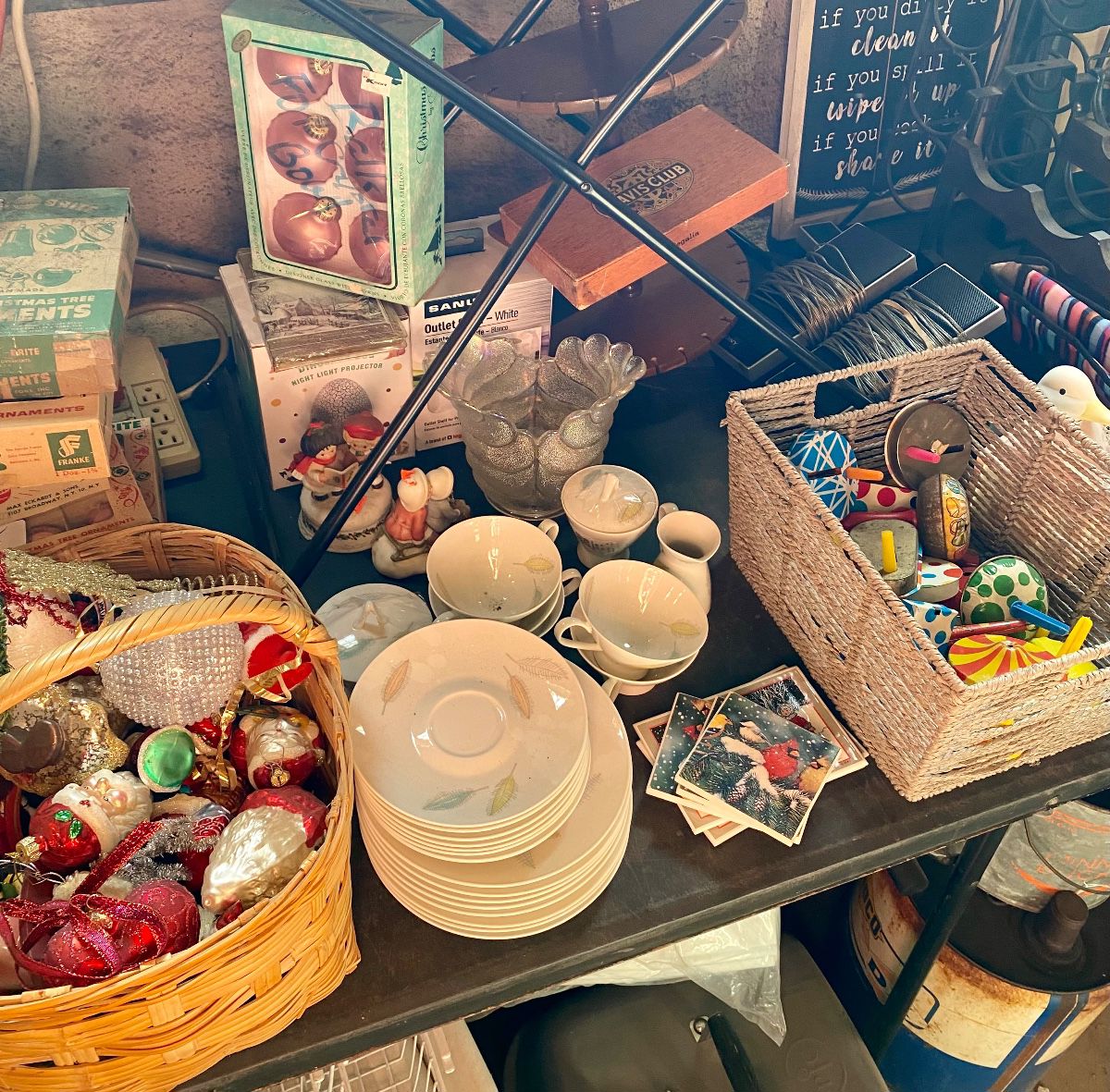 Great MCM dishes, vintage noise makers and santas