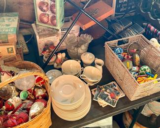 Great MCM dishes, vintage noise makers and santas
