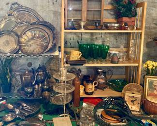 Silver plate, green glassware 