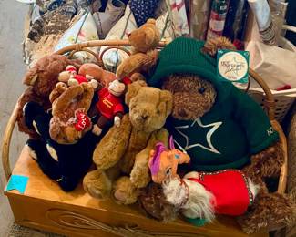 So many bears who need a home and vintage MCM bamboo children’s bench and storage chest